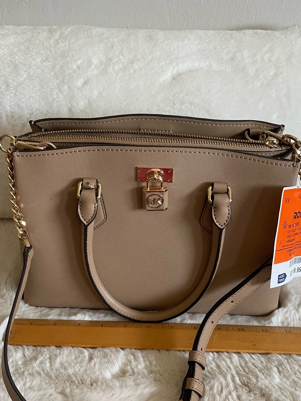 NWT Michael Kors Taupe Saffiano Leather Satchel with Gold Hardware.